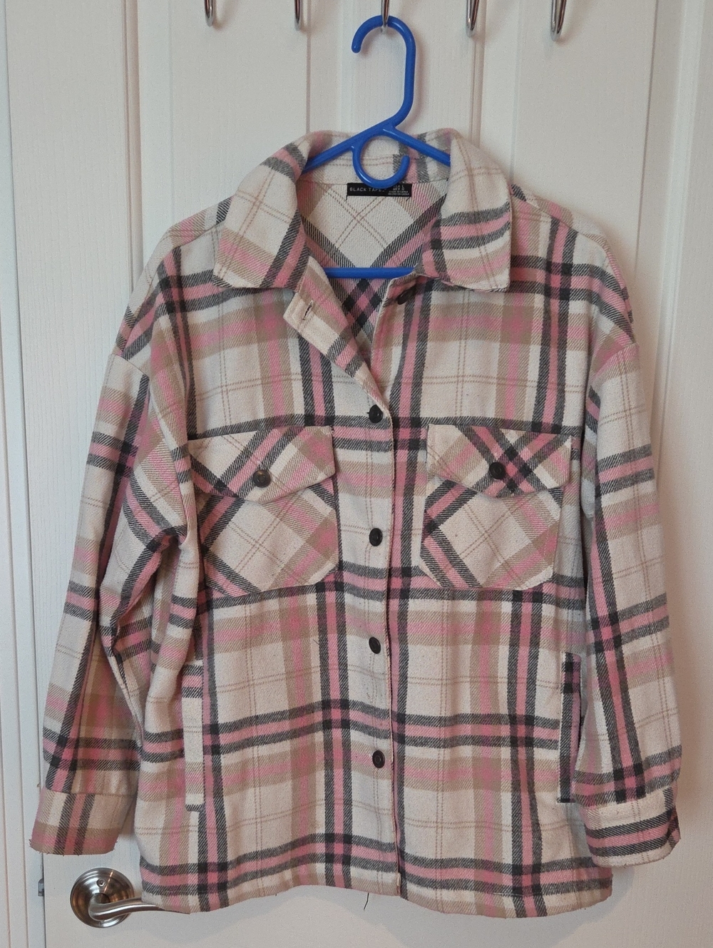 Cream and Pink Plaid Utility Shacket Jacket